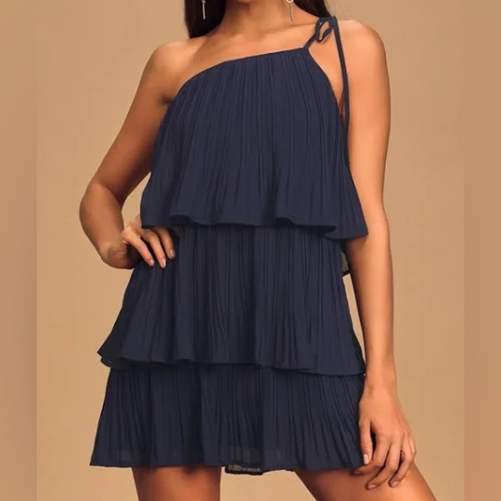 Lulu’s Pleated One Shoulder Mini Dress Navy